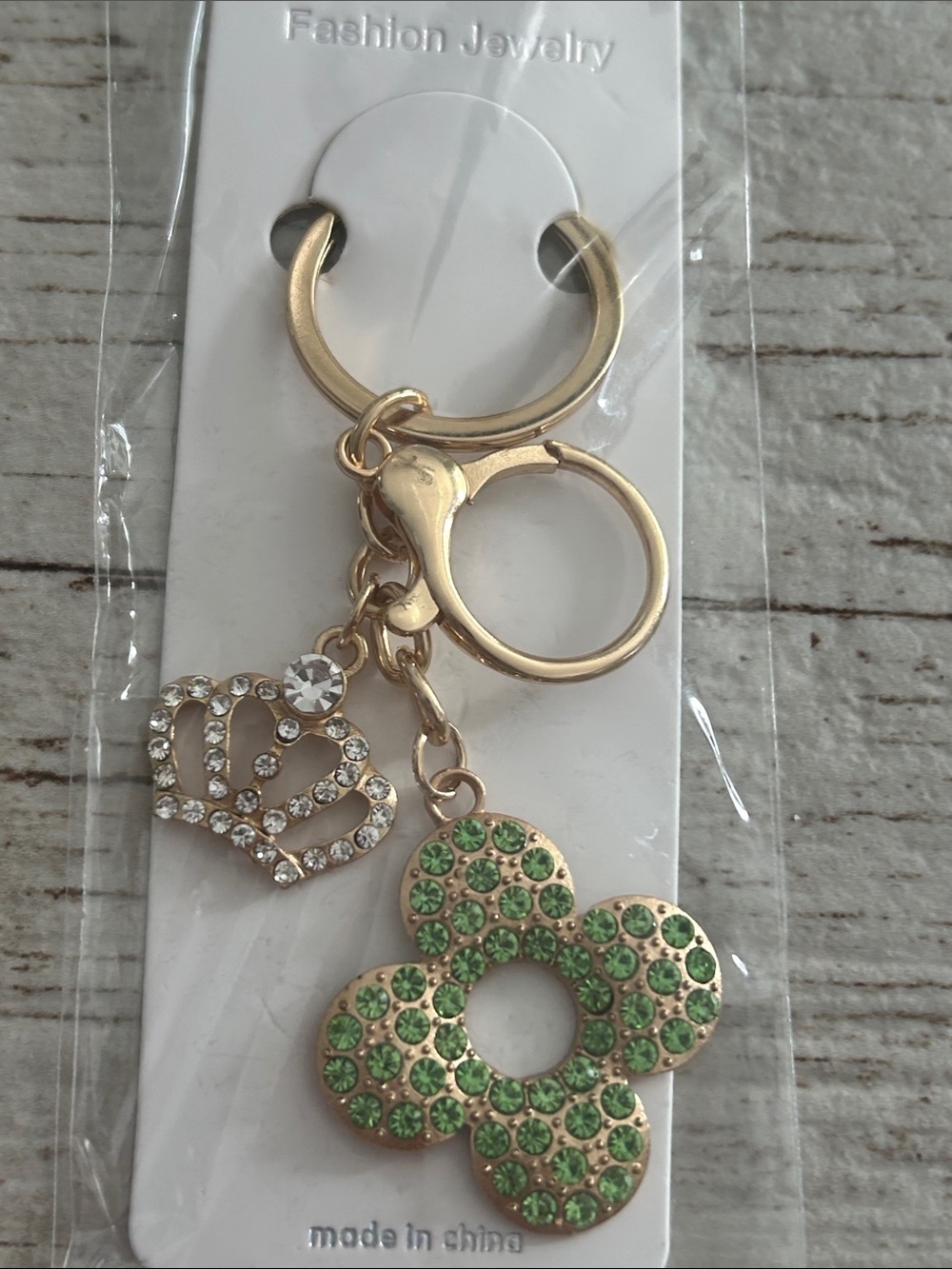 5/$25 Fashion Jewelry Gold Keychain with Green Crystal Clover